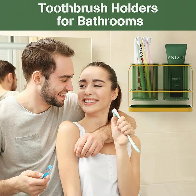 Countertop Toothbrush Holders, Wall Mounted Electric Tooth Brush Toothpaste Holder for Bathroom with Hook, 2 Cups Toothbrush Organizer with Drain Tray Bathroom Accessories Storage (Green)