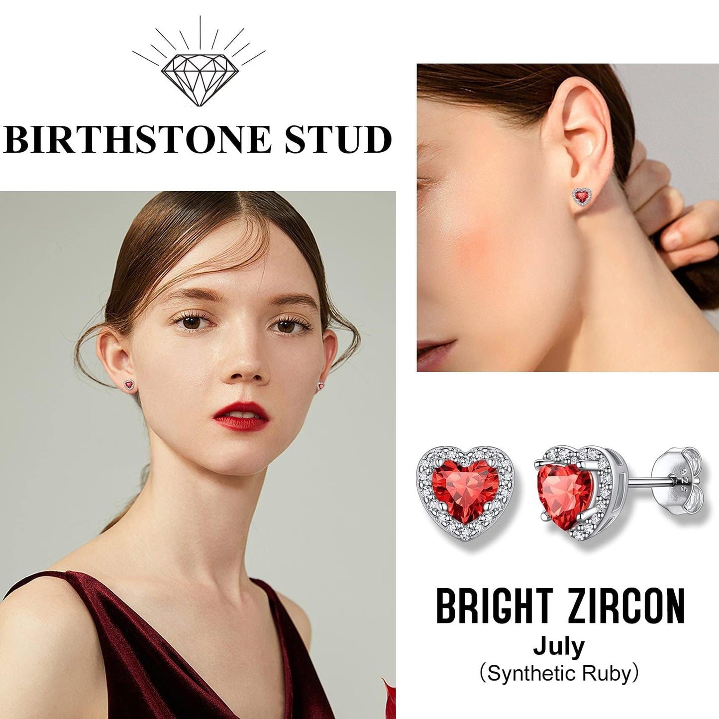 Bestyle 925 Sterling Silver Love Heart Cut Cubic Zirconia Stud Earrings, Brilliant Created July Ruby CZ Birthstone Earrings for Women