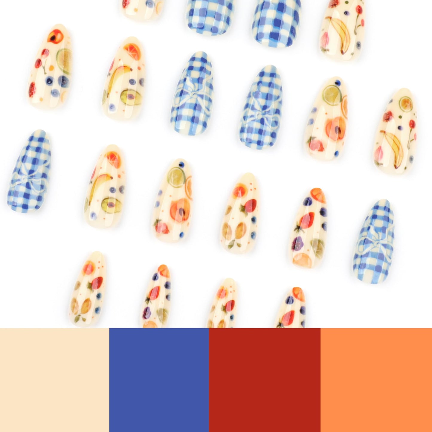 IMRAIN Almond Press on Nails Medium Fake Nails with Blue Plaid Designs Summer Cute Fruit Glossy Acrylic False Nails Full Cover Artificial Glue Stick on Nails for Women Girls