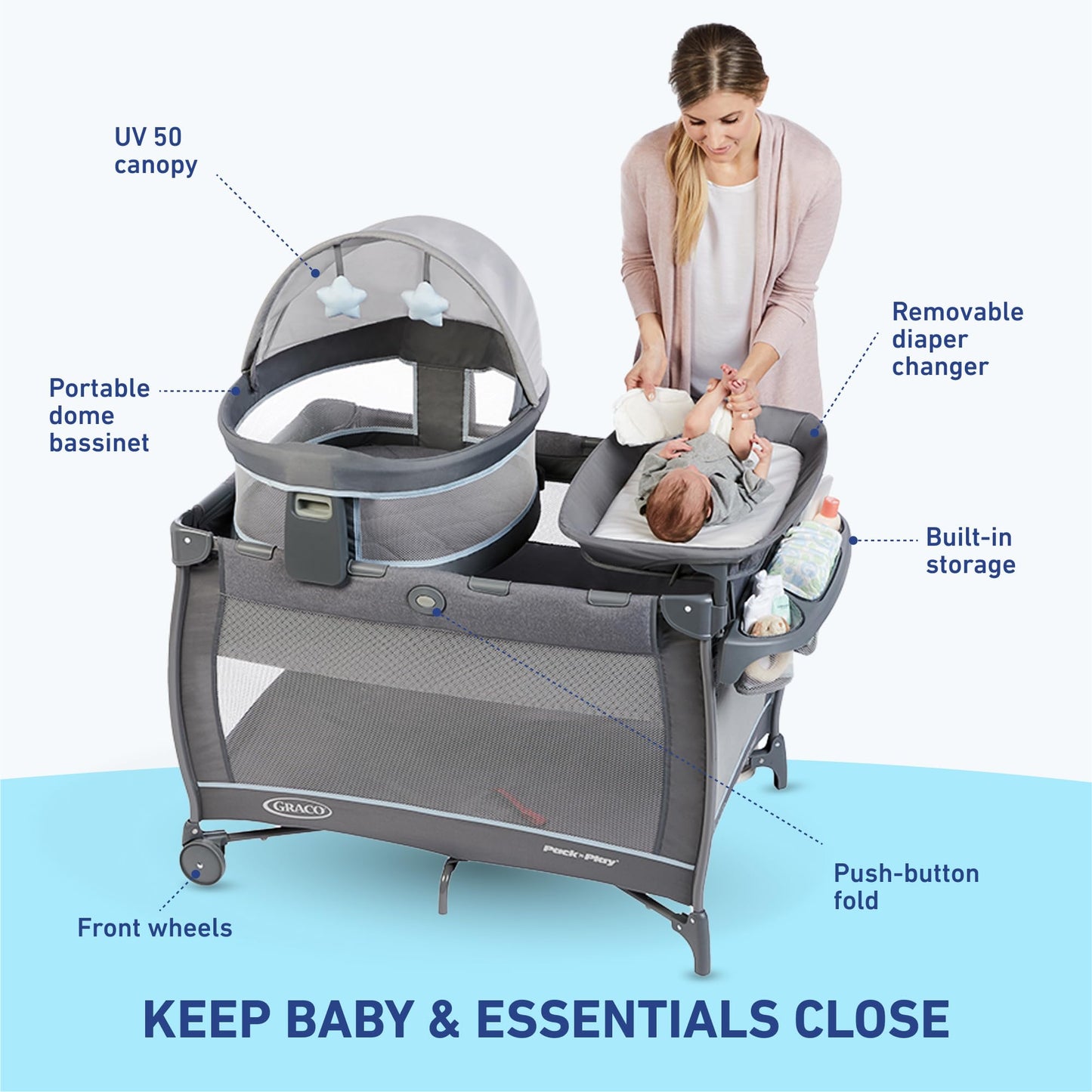 Graco® Pack n Play Dome LX Playard with Baby Bassinet Lightweight Portable Crib Push-Button Fold Travel Crib Redmond Convertible