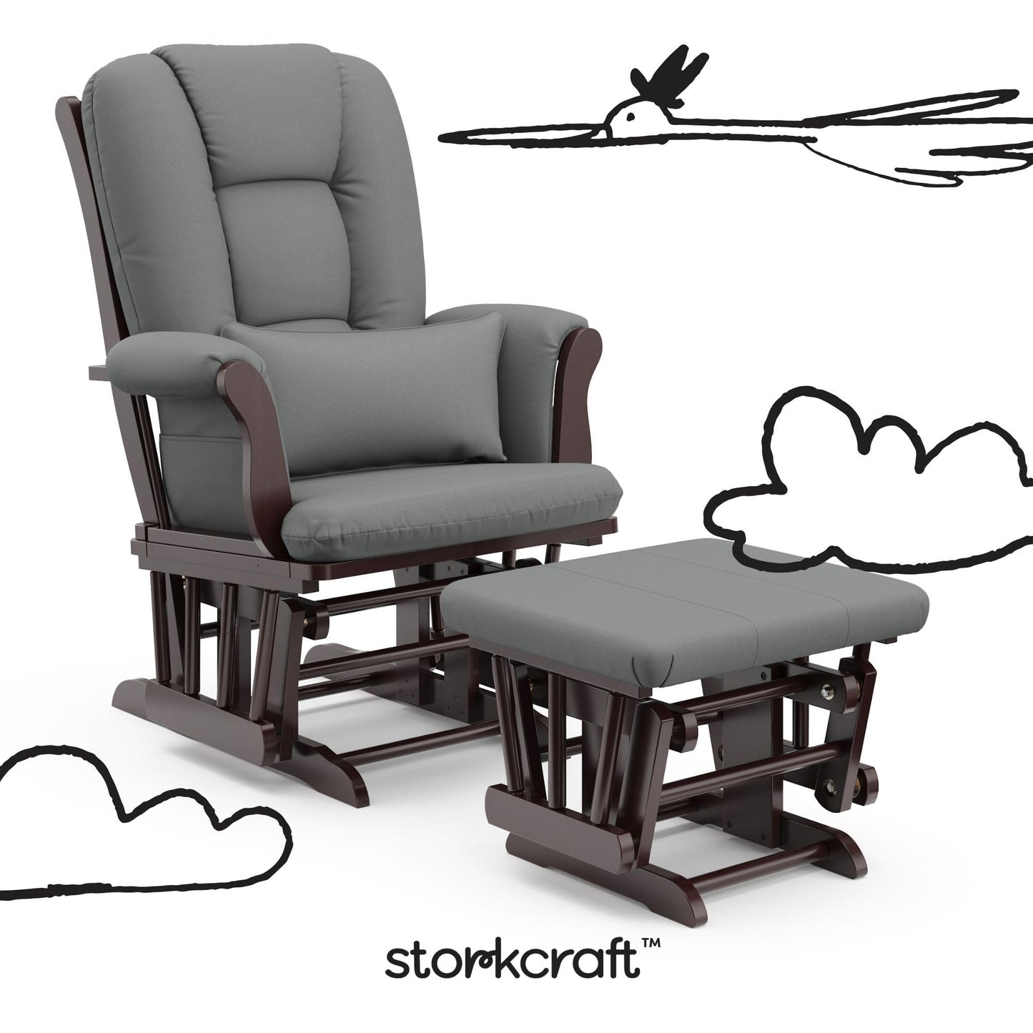 Storkcraft Tuscany Custom Glider and Ottoman with Free Lumbar Pillow (Espresso/Grey) - Cleanable Upholstered Comfort Rocking Nursery Chair with Ottoman