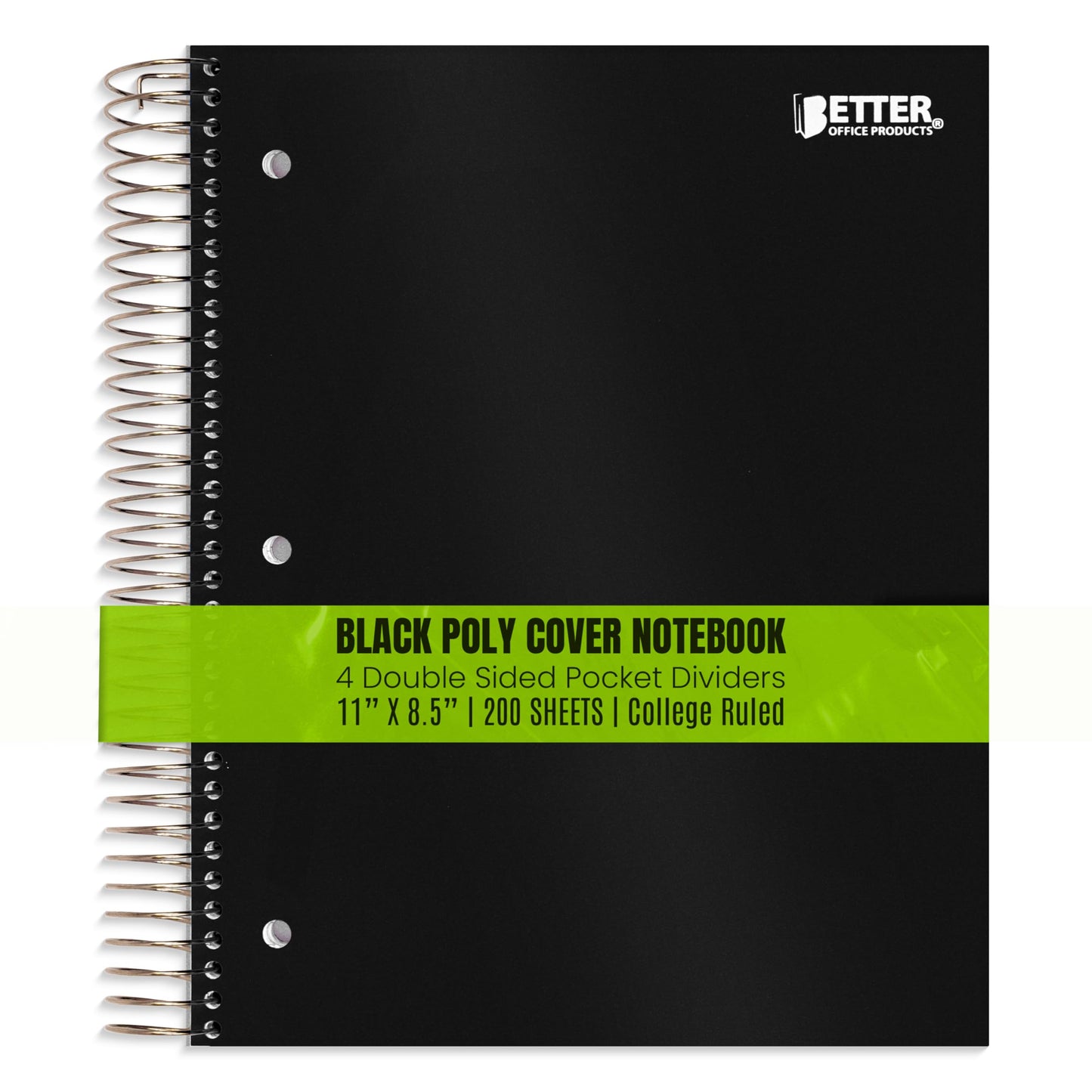 Better Office Products 5 Subject Spiral Notebook, Black Poly Cover, College Rule, 200 Sheet Notebook with 4 Double-Sided Pocket Dividers, 11 x 8.5 inches