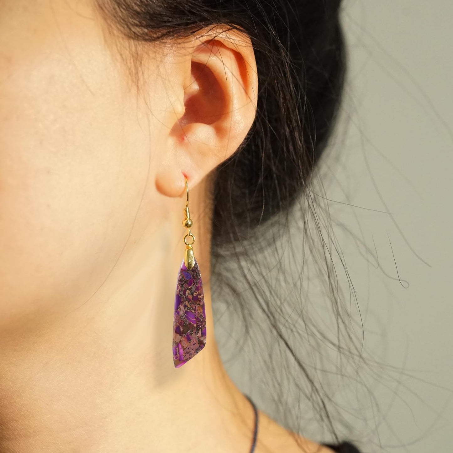 Jasper Stone Earrings for Women Trendy Dangle Earrings Fishhook Drop Earrings (Purple Brown-Gold Hook)