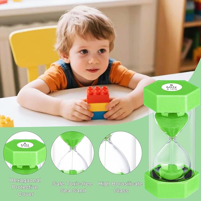 5 Minute Hourglass Sand Timer, Plastic Hexagon Hourglass Sand Clock 5 Min, Reloj De Arena 5 Minutos,Unbreakable Green Hour Glass Sandglass for Classroom Games Kitchen (Green)