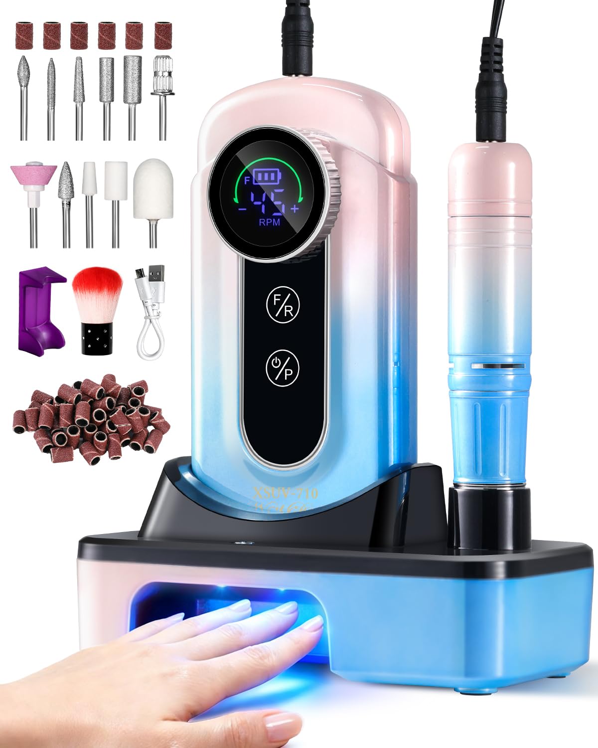 Moskany Professional Electric Nail Drill Kit 45000RPM Gradient Blue Cordless Rechargeable Nail File Machine with Nail Lamp Portable Efile Nails Drill for Acrylic Gel Nails