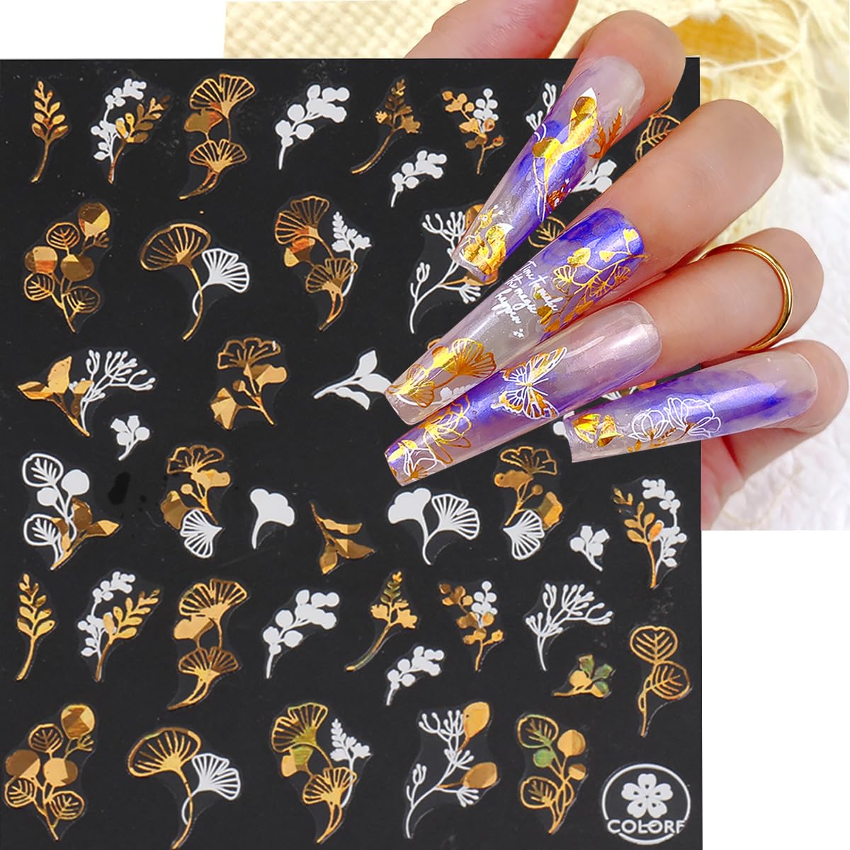 9 Sheets Fall Nail Art Stickers Maple Leaf Nail Decals Flower Tree Nail Design Decals 3D Self-Adhesive Glitter Gold Nail Stickers Thanksgiving Holiday Nail Art Decoration for Women Manicure Tips