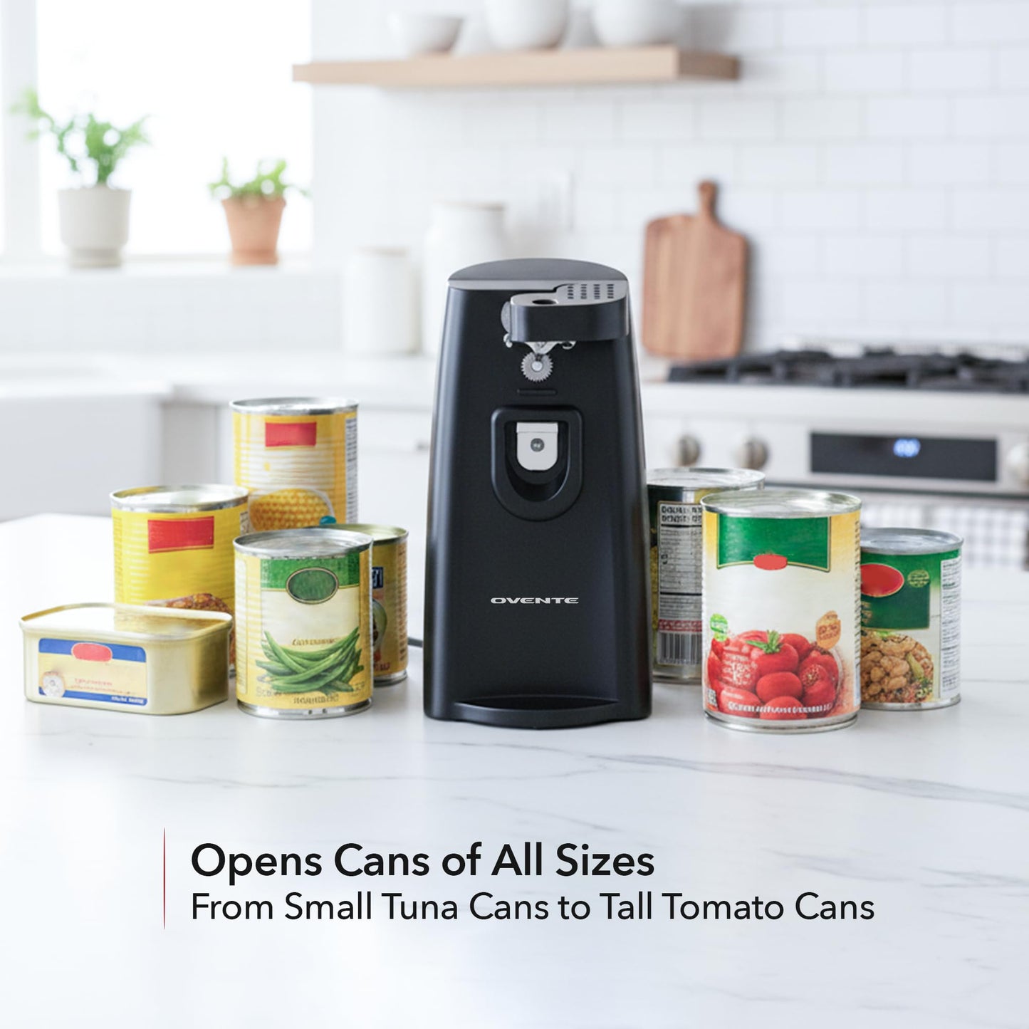 OVENTE 3-in-1 Electric Can Opener, Bottle Opener and Knife Sharpener with Stainless Steel Blade and Easy to Use One-Touch Button, 70W Automatic Multifunctional Kitchen Countertop Tool, Black CAN33B
