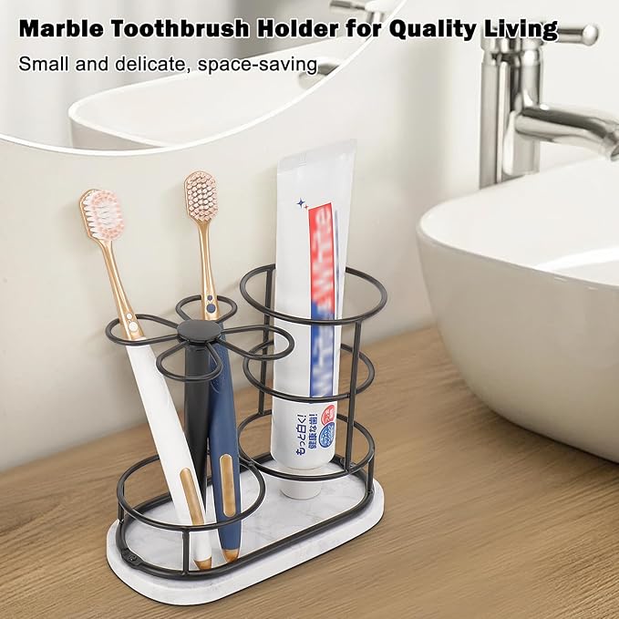 HarJue Toothbrush Holder Stand for Bathroom, Metal Toothbrush Organizer with Marble Base, Toothbrush Storage Collection for Family, Suitable for Home Hotel Countertop Vanity (Medium, Matte Black)
