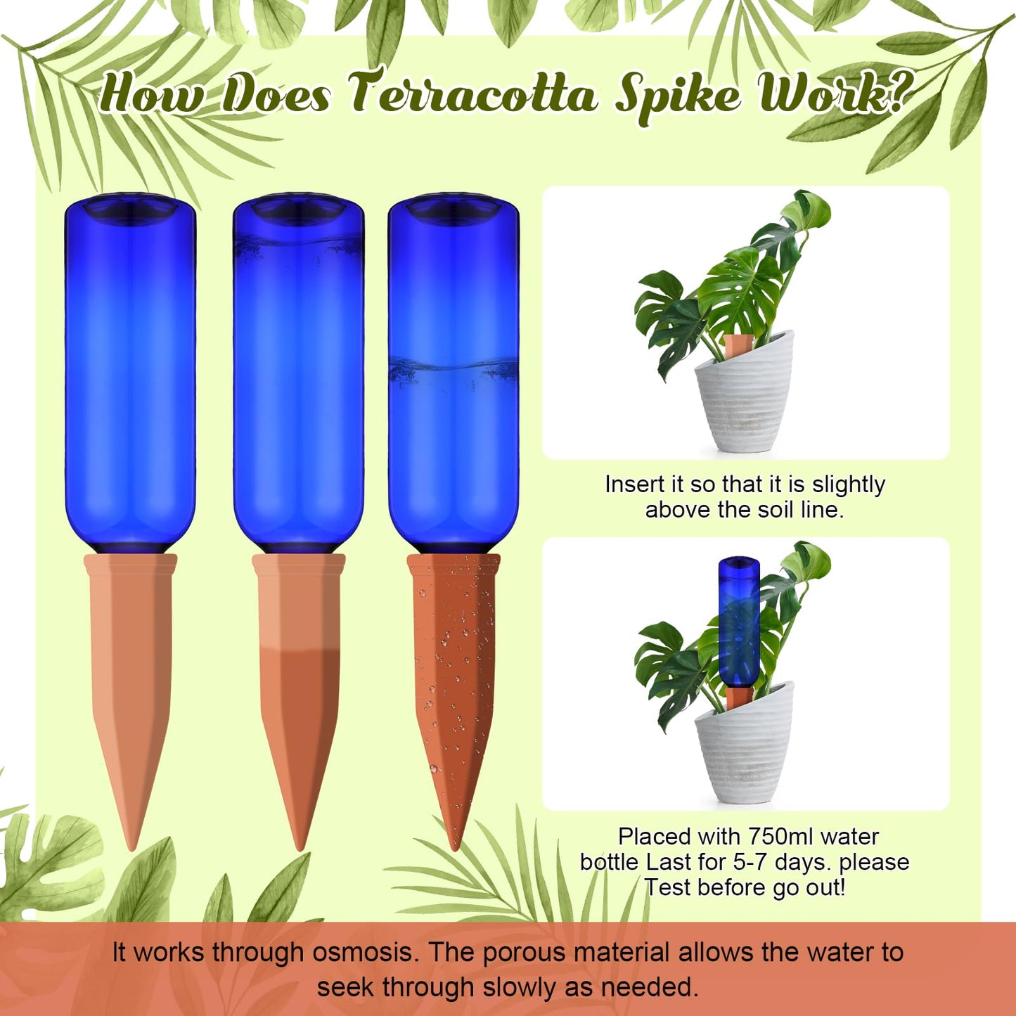 SiliFine 6 Sets Plant Watering Devices Include Terracotta Self Watering Spikes and 26 oz Plastic Bottles, Slow Release Vacation Insert Automatic Plant Waterer Device (Dark Blue and Terracotta)