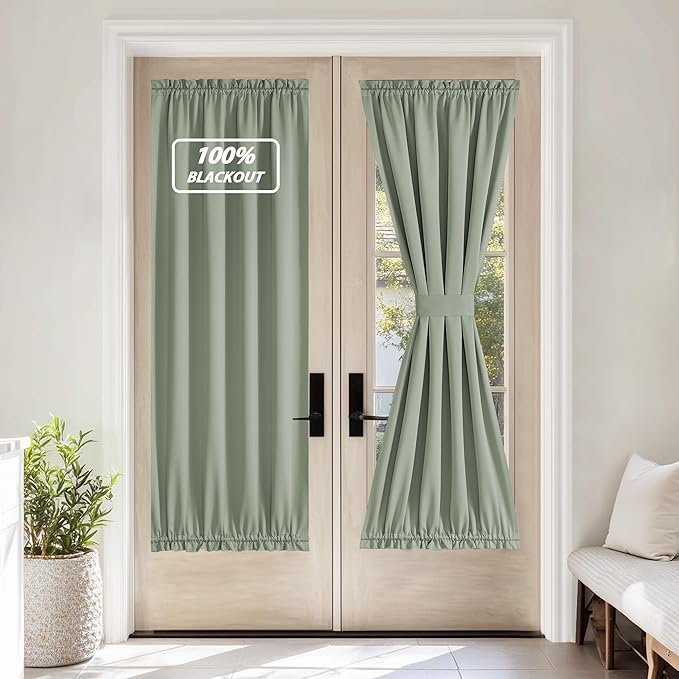 NICETOWN 100% Blackout French Door Curtain,Privacy Thermal Insulated Window Curtain with Adjustable Tieback for Glass Front Sliding Patio Christmas Door Decor, 1 Panel, 36W x 72L, Sage Green