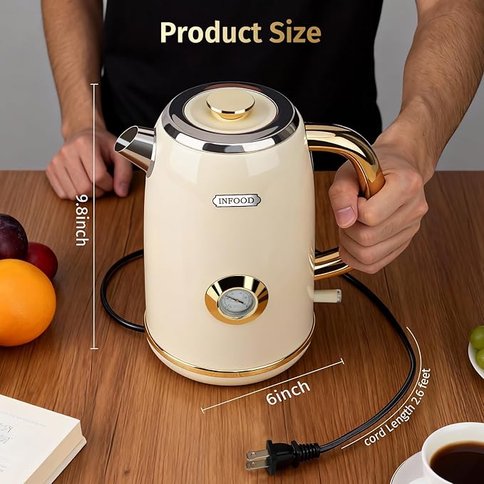 INFOOD Retro Electric Kettle 1.7L/57oz with Thermometer - 1500W Fast Boiling Stainless Steel Hot Water Tea Kettle, BPA-Free, Cordless, Auto Shut-Off, Boil-Dry Protection, White