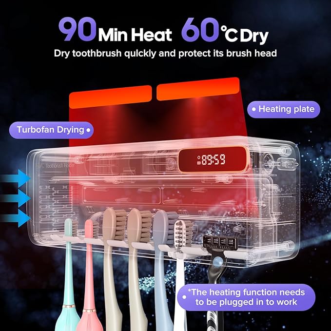 Toothbrush Holders Wall Mounted 7 Slots Tooth Brush Holder for Bathroom Rechargeable Electric Toothbrush Holder Set Storager with Fan Drying Heating (White1)