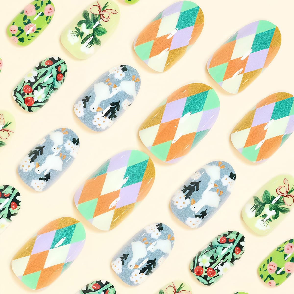 Spring Summer Cute Press on Nails Short Oval - Strawberry, Flower, Leaf & White Goose Design, Full Cover Glossy Fake Nails 24PCS for Women
