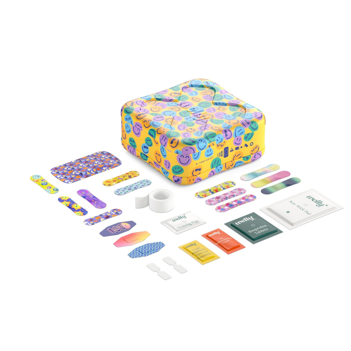 Welly First Aid Kit - Bravery Badges in Flexible Fabric and Waterproof, Tape and Non-Stick Pads, Butterfly Strips, Singe Use Ointments Triple Antibiotic and Hydrocortisone, and Ibuprofen - 130 Count