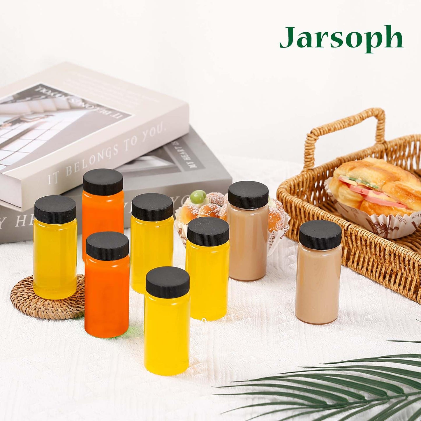 Jarsoph 16 Pcs, 2oz Clear Glass Bottle with Lids, 60ml Small Glass Jar, Leakproof Mini Travel Bottles, Decorative Bottles Set for Juice, Wellness, Spices