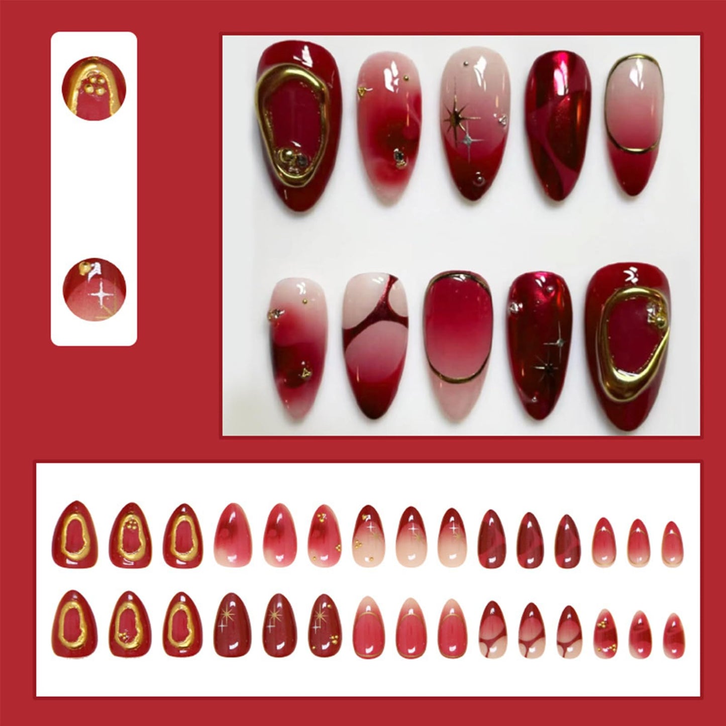 LBPEPAMZ Red Press On Nails Medium Almond Fake Nails with 3D Texture Gold Design Y2K Gold Star Bead Full Cover Acrylic False Nails Golden Line Ombre Stick On Nails for Women Manicure Decor 24Pcs