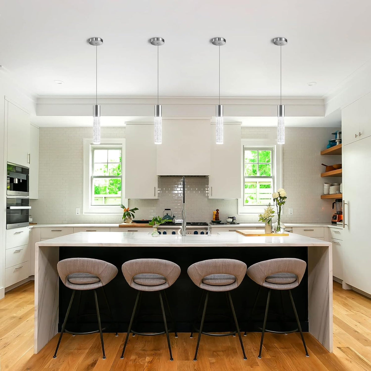 OKELI Modern Pendant Lights,LED Bubble Crystal Kitchen Island Light Fixtures,Chrome Mini Single Pendant Lighting for Kitchen Island,Bar,6W,6000K,ETL,3Pack