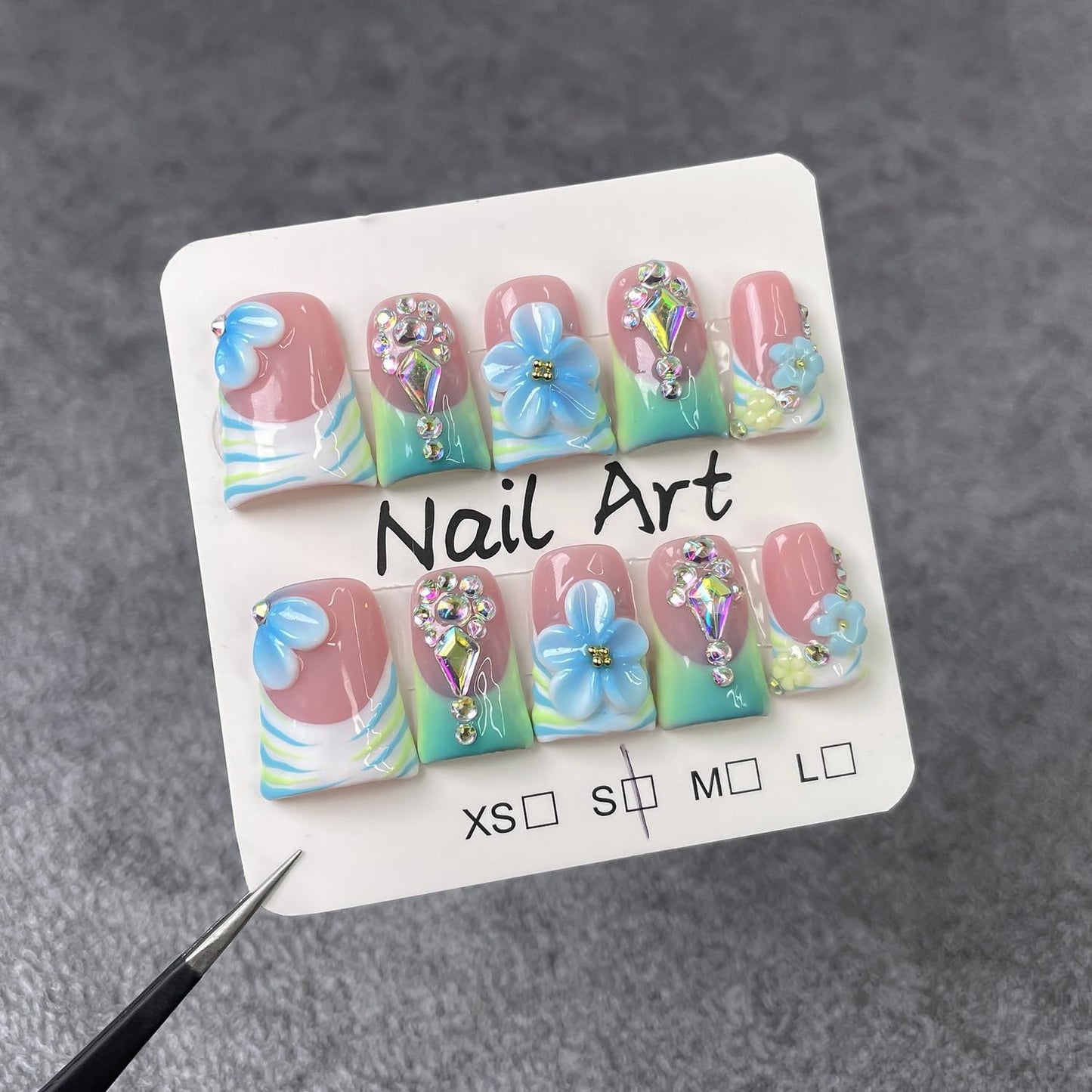 Handmade Press on Nails 3D Blue White Gradient Flower Fake Nails Short Duck False Nail Kit French Tip Luxury Handmade Rhinestone Design Muti-Layer Gel Stick on Nails Acrylic Nail for Women (M)