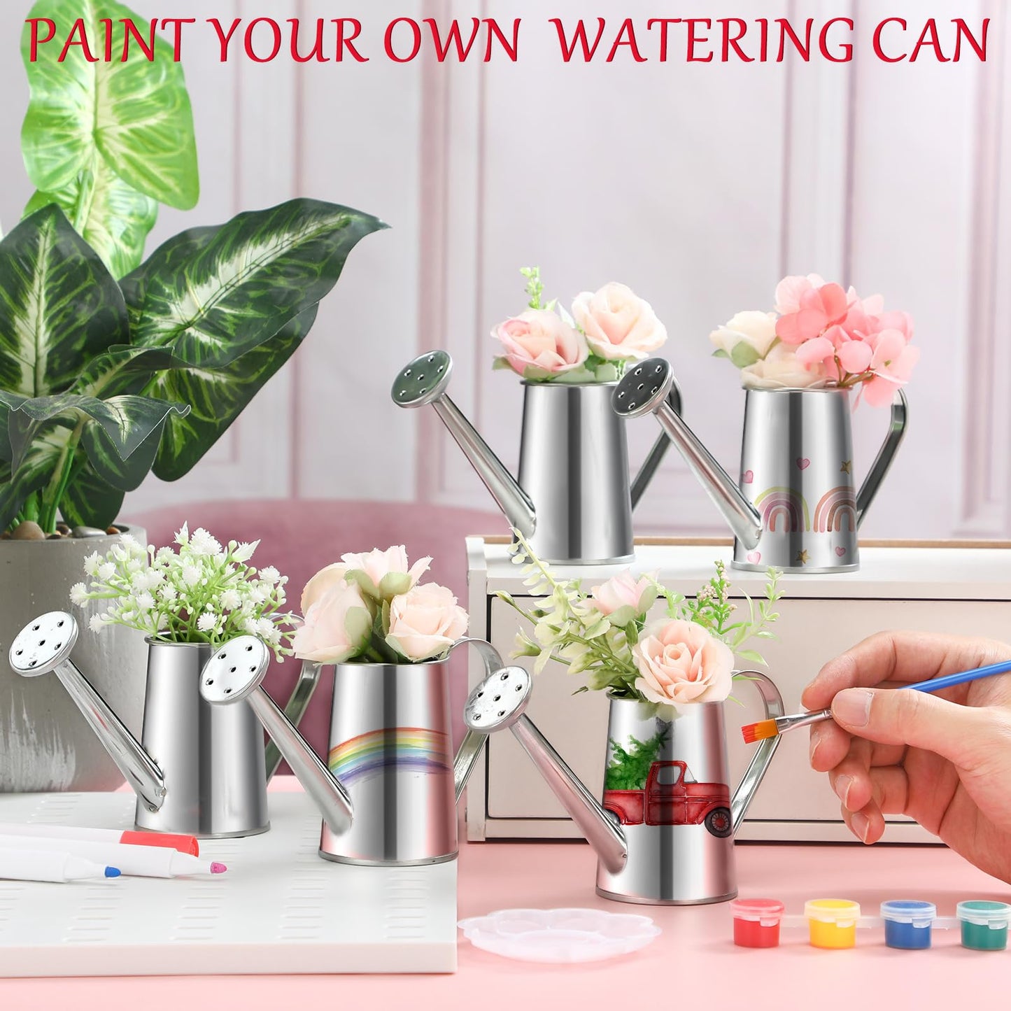 Reallnaive 6 Set Summer Crafts DIY Flower Gardening Kit Metal Succulent Pots Paintable Watering Can Planters Ready to Paint Plant Pot Unpainted Flower Pots Bulk for Classroom