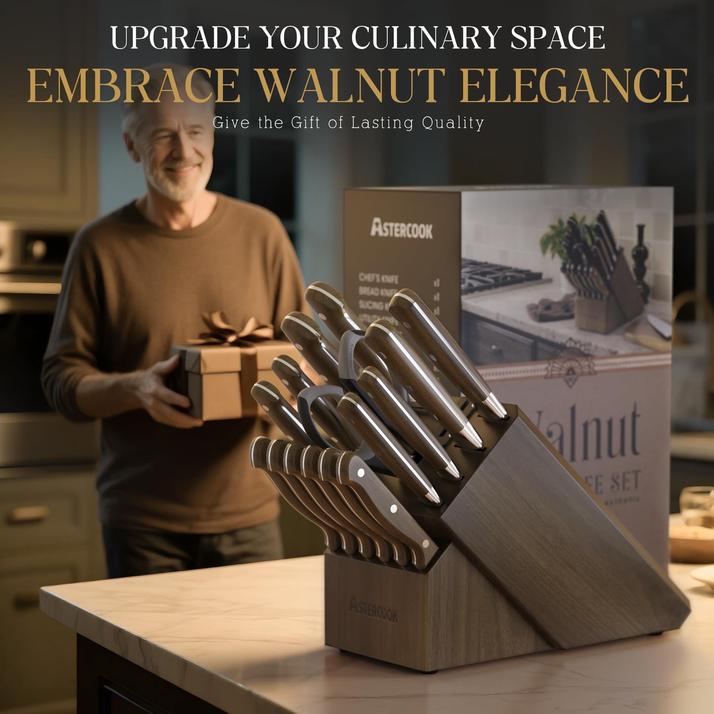 Astercook 17-Piece Knife Block Set with Built-in Sharpener, German Stainless Steel Full Tang Kitchen Knives, Ergonomic Walnut Handle Cutlery Set for Home Cooking & Gifting