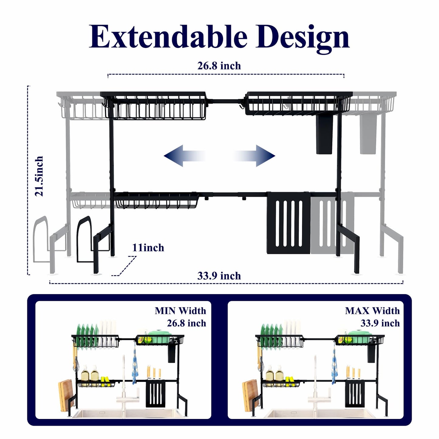Kitsure Over The Sink Dish Drying Rack - 30.0" to 33.9" x 21.5", Adjustable Sink Drying Rack for Kitchen Sink with Multifunctional Baskets, Black