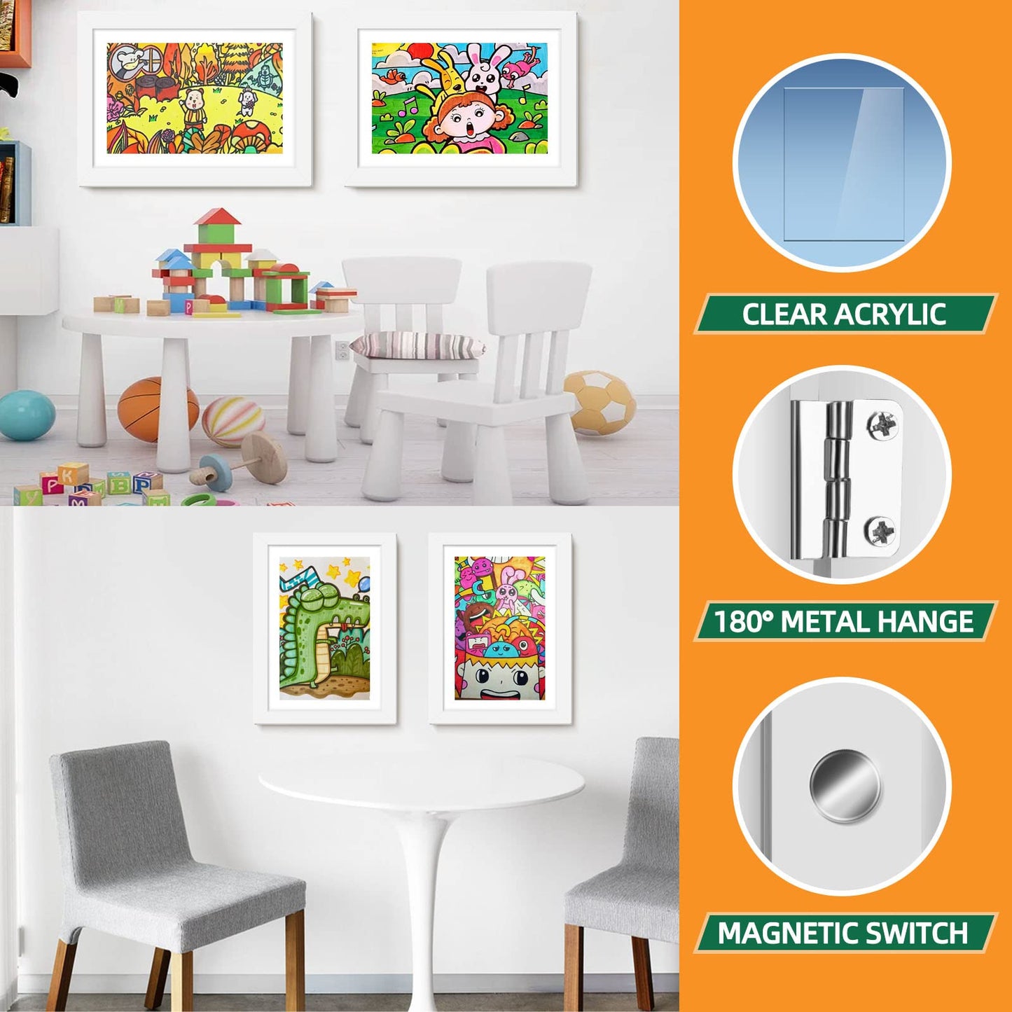 IMMERROT 4 Pack Kids Art Frames 8.5x11 Inch Kids Artwork Flip Frame Changeable for Picture Display, Children School Drawing Projects Storage, Horizontally Vertically Wall Hanging, Front Opening, White