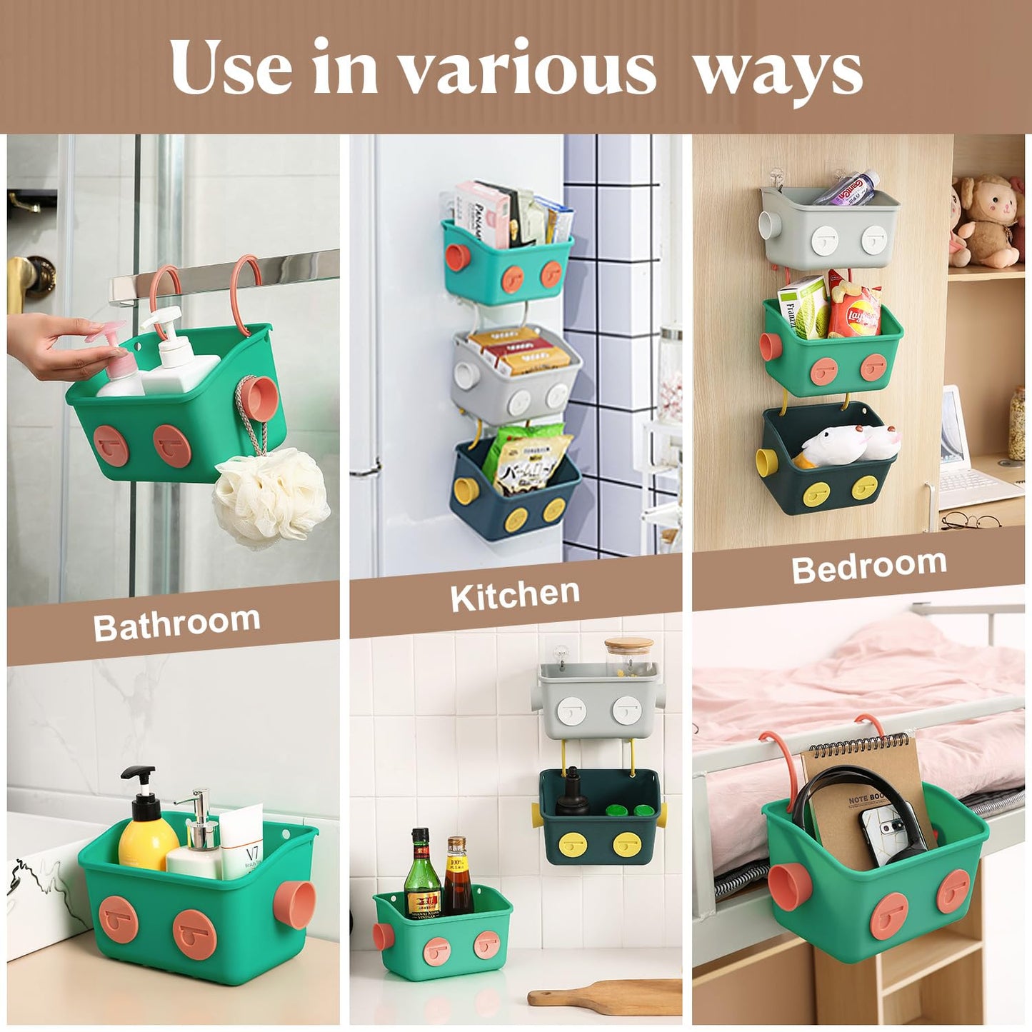 Karceyworth Bath Toy Storage Organizer Basket, 3 Pack Cute Robot Bathtub Shower Toy Organizer, Wall Mounted Hanging Bath Toy Holder with Hooks, for Tub Laundry
