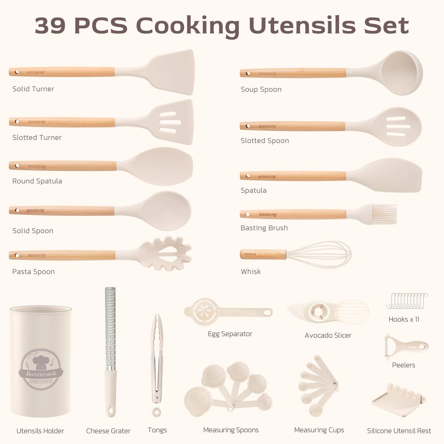 Astercook Kitchen Utensils set, 39 PCS Silicone Cooking Utensils Set with Wooden Handle, 446°F Heat Resistant Food Grade Utensil Sets, BPA Free Kitchen Gadgets Tools Set for Mothers Day Gifts