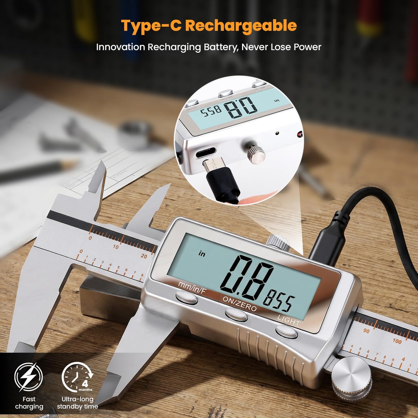 HARDELL Digital Caliper, Rechargeable Caliper Measuring Tool with Backlight LCD Screen, All Metal Calipers, Auto-Off Digital Micrometer, Inch/MM/Fraction for Household/3D-Printing-Rechargeable 6 Inch