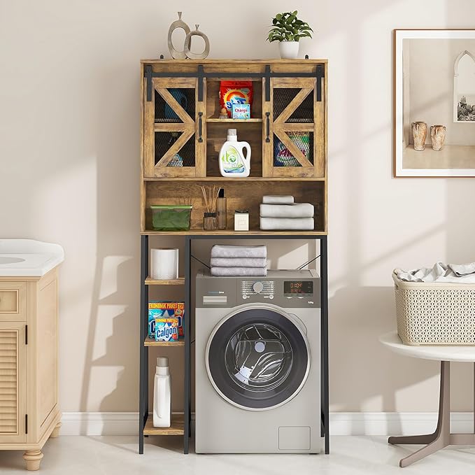 Over The Toilet Storage Cabinet, Farmhouse Storage Cabinet Over Toilet with 2 Sliding Barn Door，Home Space-Saving Toilet Rack, for Bathroom, Restroom, Laundry.(Brown)