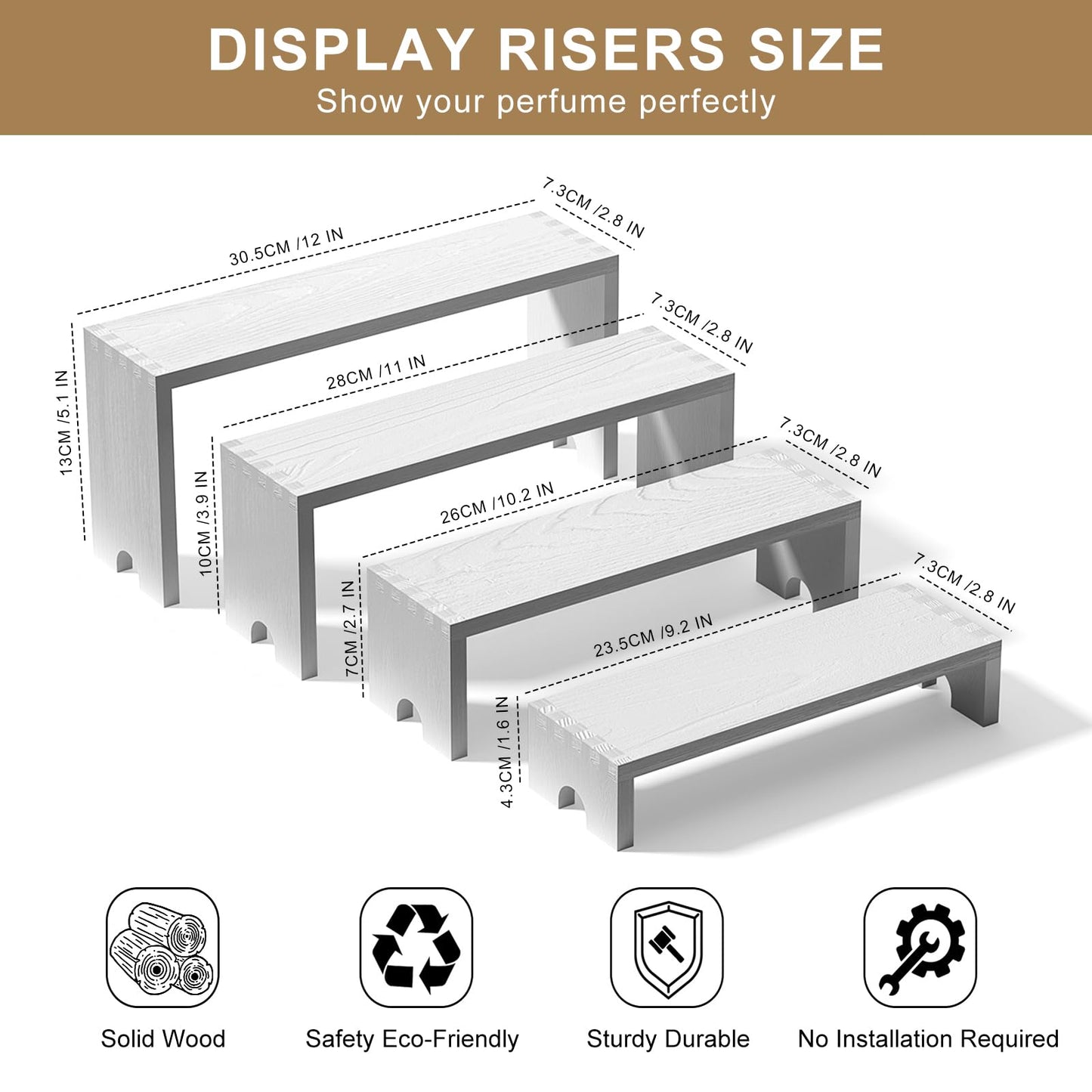 2 Set Large White Wooden Tiered Riser Display Stands for Vendor Events,Stackable Wooden Cupcake Stand,Farmhouse Decor Wood Dessert Table Display Set,Vendor Booth Display Items,Food Display Risers for Party（12-11.2-10.4-9.6IN）