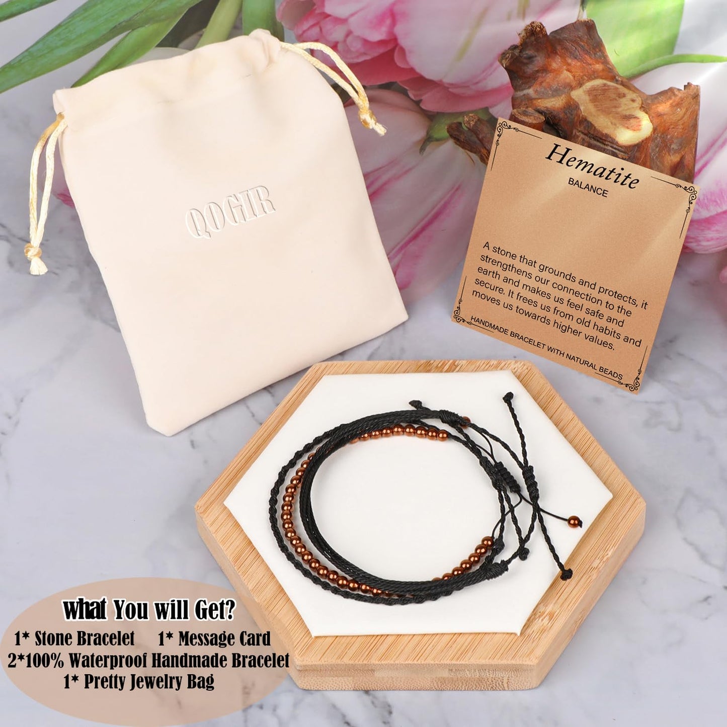 QOGIR Handmade Healing Bracelet,4mm Natural Copper Hematite Gem Stone Beads Bracelet Gifts for Men Women with 2PCS Size Adjustable Rope Bracelets