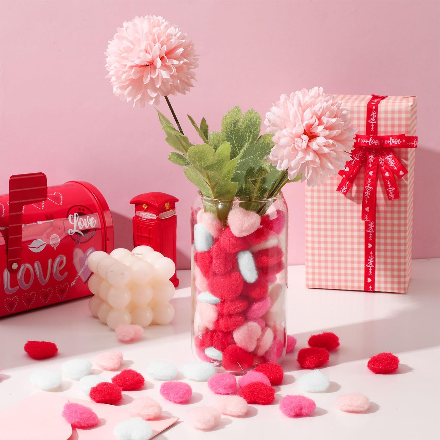 SEPGLITTER 300 Pcs Valentine's Day Heart Pom Poms, Pink Red Pompoms Mini Heart Shape Fluffy Balls for Valentine DIY Garland Crafts Wedding Party Decorations