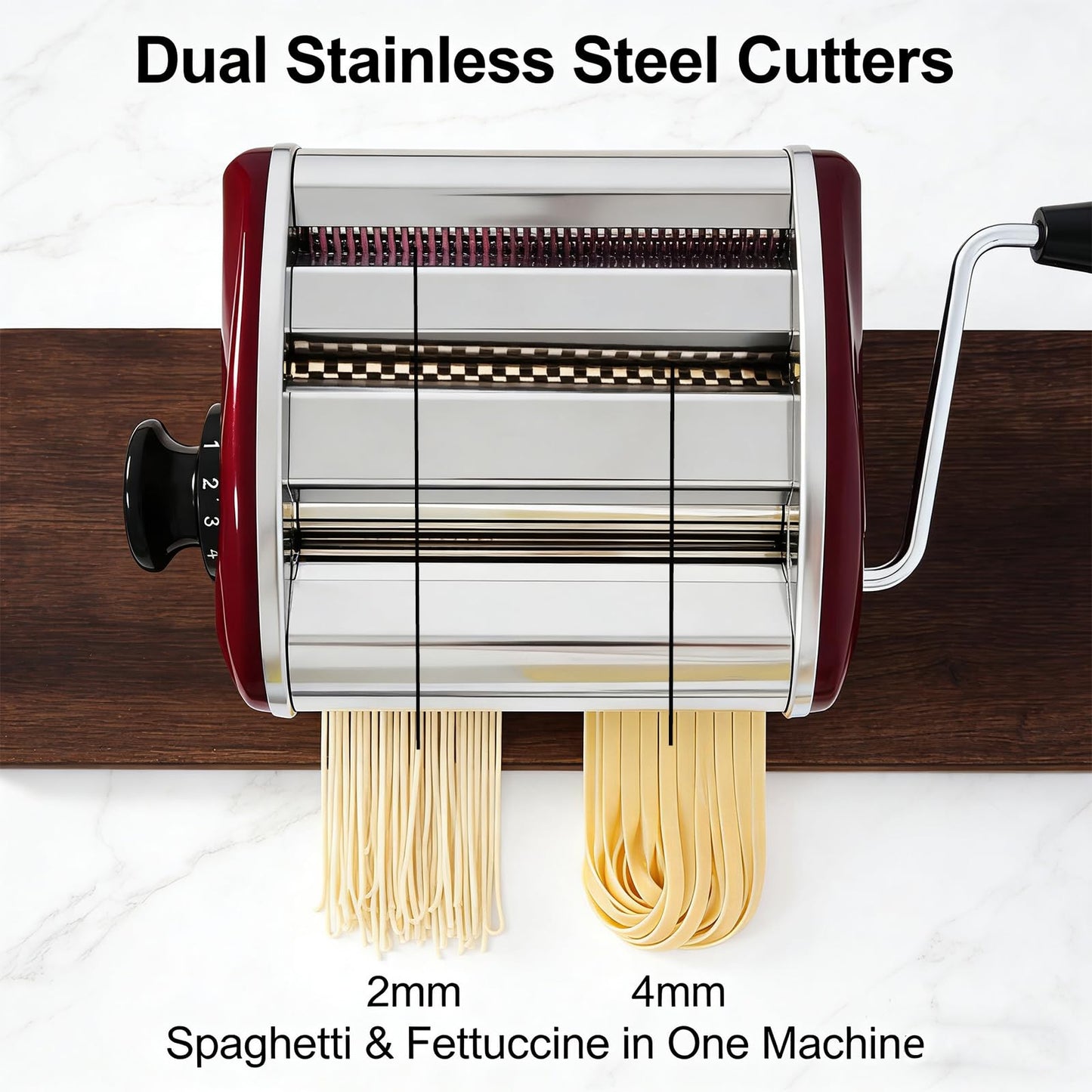LEONEBEB Pasta Maker Stainless Steel – 2-in-1 Manual Noodle Machine with 2mm & 4mm Cutters, Adjustable Thickness 0.1-5mm for Spaghetti, Fettuccine, Ramen, Dumpling Wrappers
