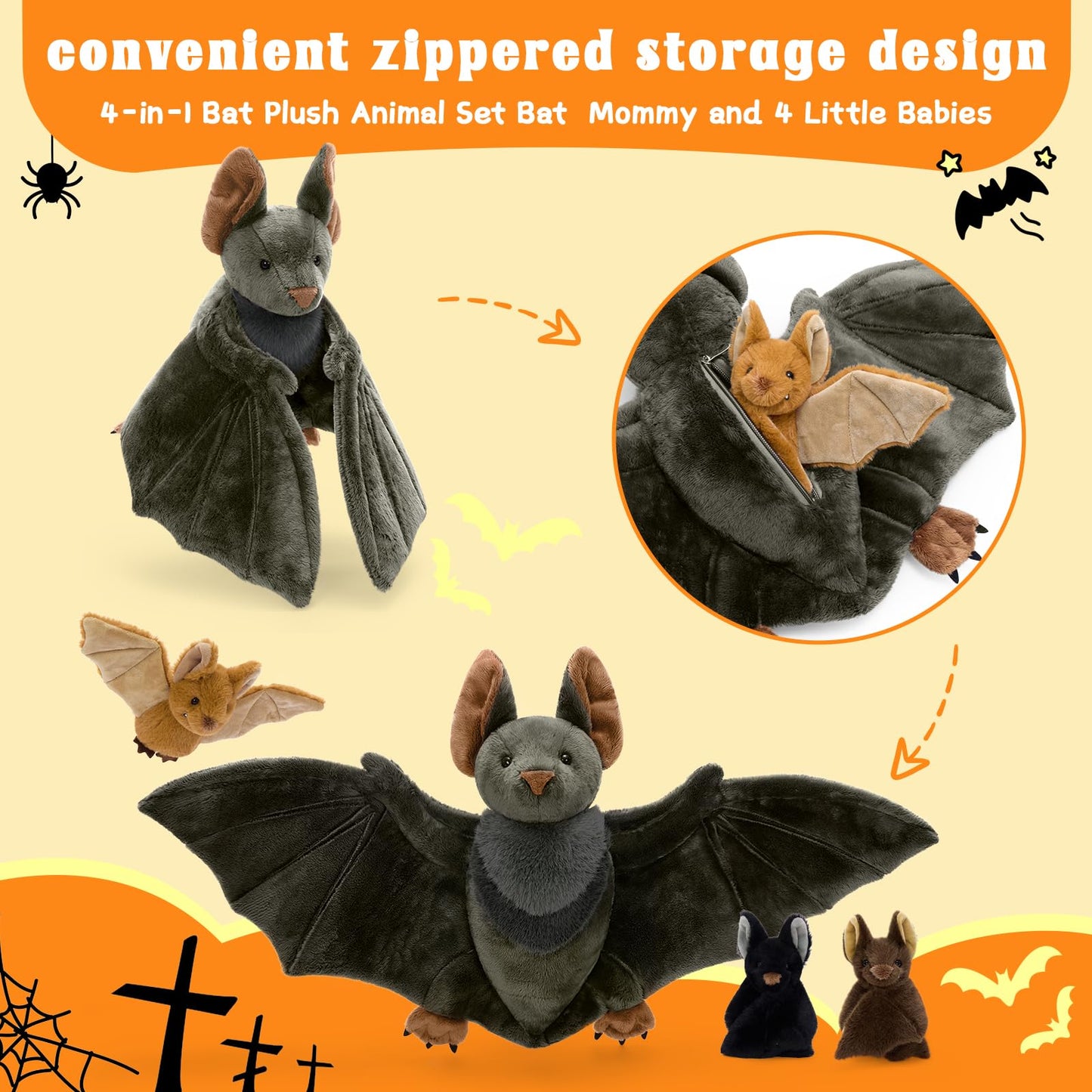 Tezituor 4Pcs Realistic Bat Stuffed Animals Set, 32inch Large Mommy Stuffed Bat with 3 Cute Babies for Boys Girls, Hugging Soft Bats Plush Toy Gift for Halloween Christmas Party