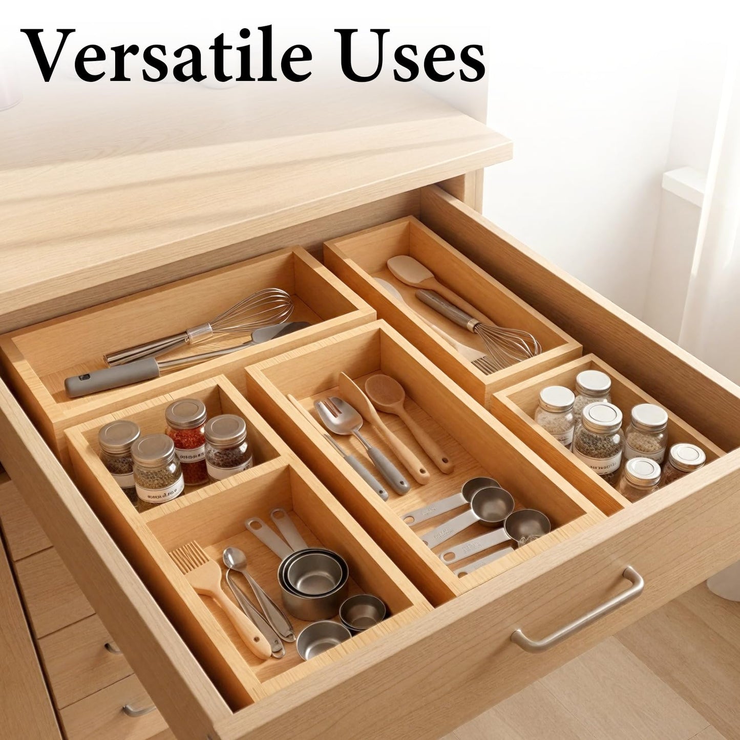 Bamboo Drawer Organizer 5 Pcs for Kitchen Multi-purpose Storage Dividers for Kitchen, Office, Jewelry, Cosmetics, Wooden Drawer Dividers for Drawer Organizer Desk Organizer Gift for Women Gifts Idea