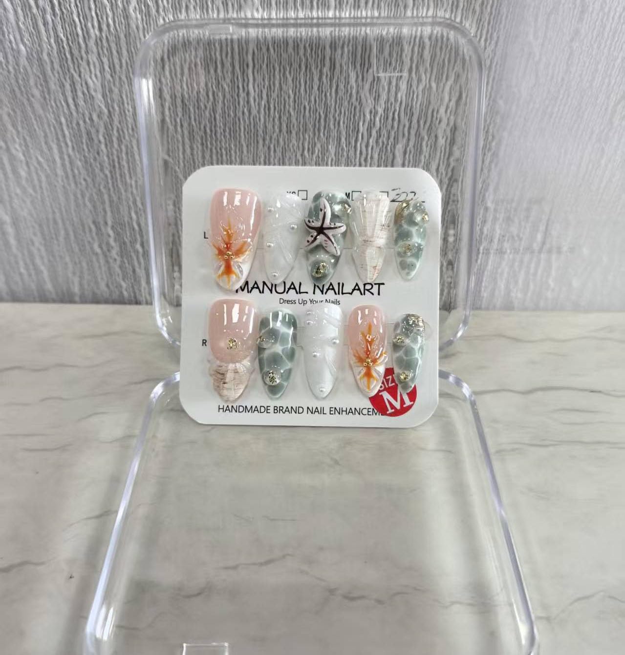 Almond Medium Press on Nails Handmade Fake Nails White French Tip with 3D Flower Designs beach luxury Glossy Cute Acrylic Nails for Women 10pcs (Size M）