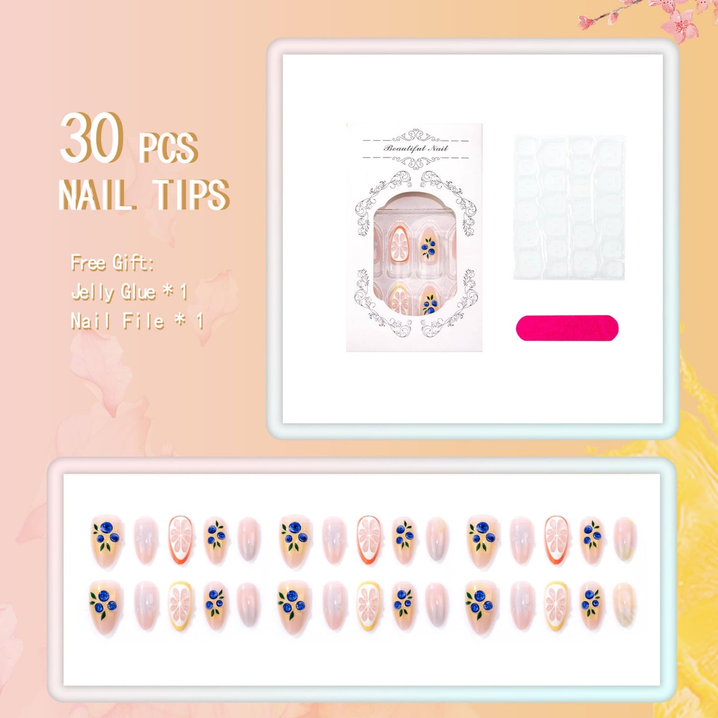Medium Press on Nails Almond Fake Nails Yellow Artificial Nail Blueberry Orange Slice Water Drop Fruit Floral Glossy Summer Design Stick on Nail for Women 30pcs