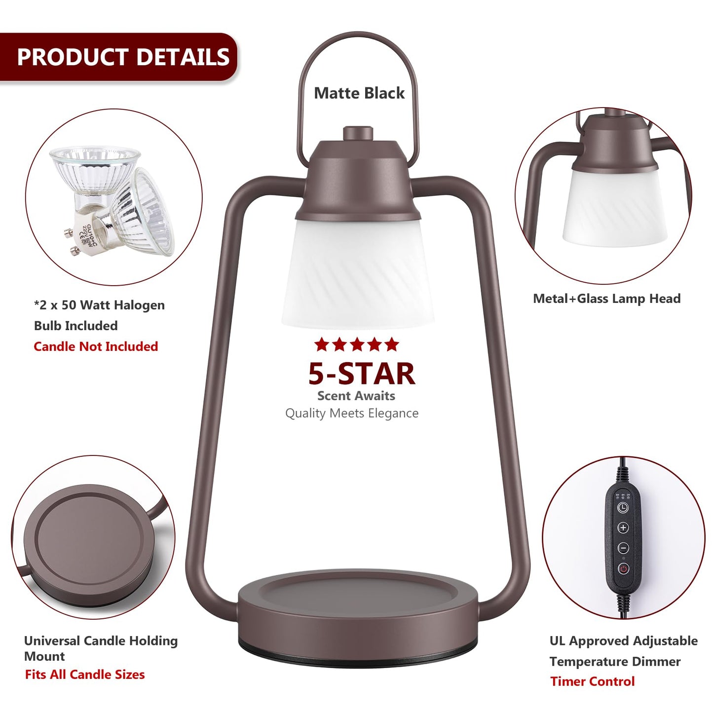 Candle Warmer Lamp with Timer for Women, Dimmable Electric Wax Warmer Lamp for Jar Candles, Candle Lamp Warmer with 2 Bulbs,Home Decor, Birthday Gifts for Mom Men