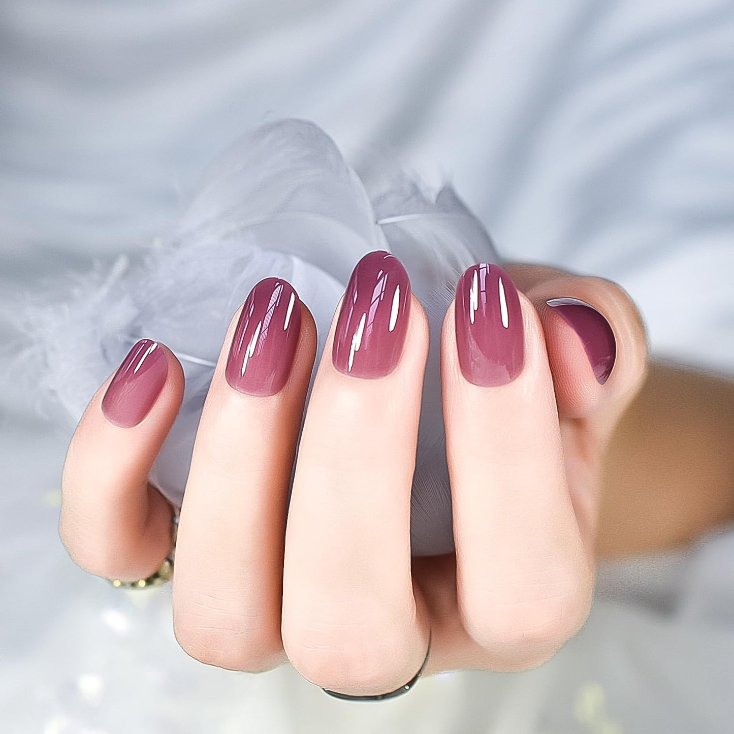 iBeautying Press on Nails - Taro Red Pure Color Semi-Transparent False Nails | UV Gel Finish Medium Short Small Round Shape Reusable Fake Nails - 24 Nail Kit with Jelly Glue Pad