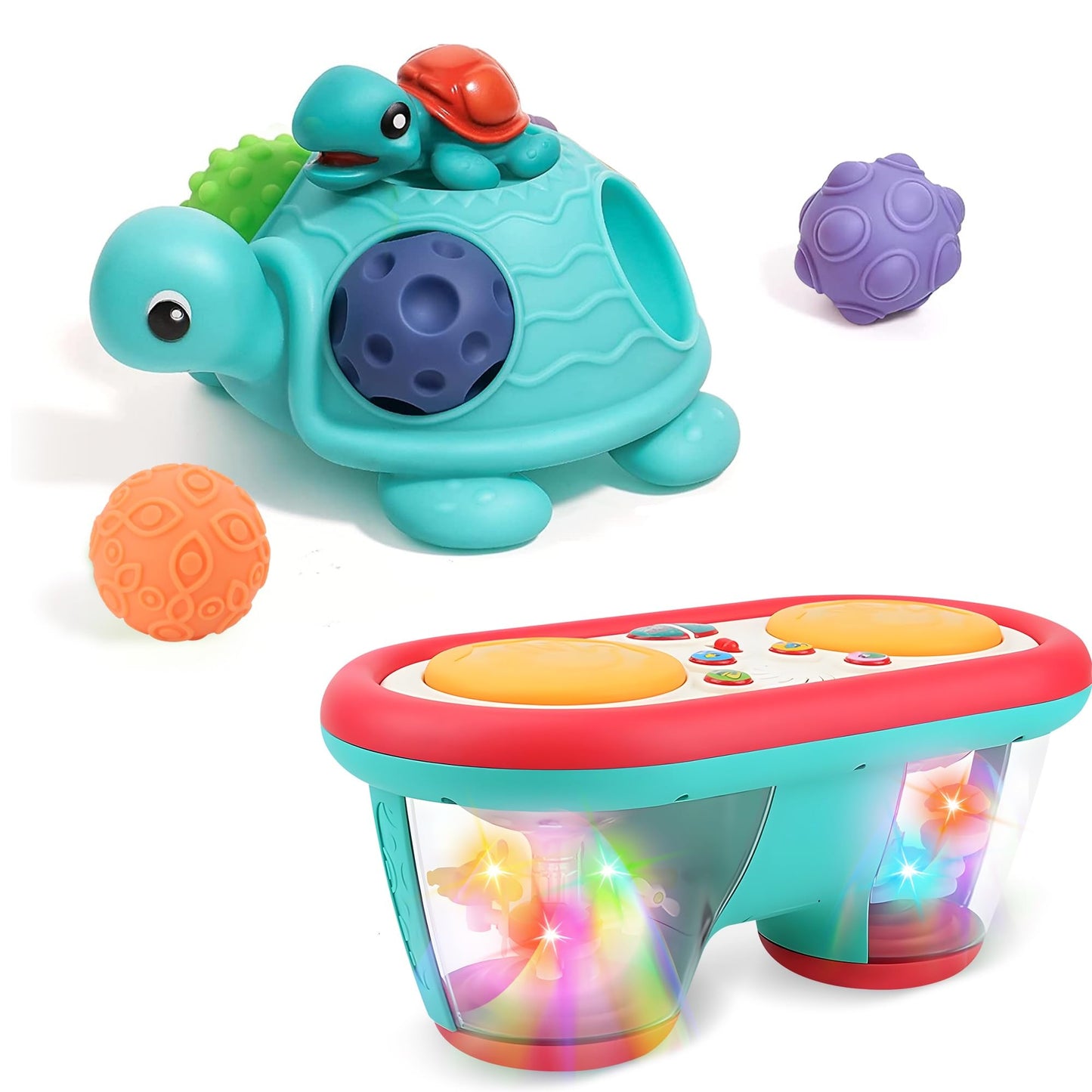 ROHSCE Montessori Sensory & Musical Baby Bundle: Textured Turtle Balls & Drum Musical Learning Infant Toys