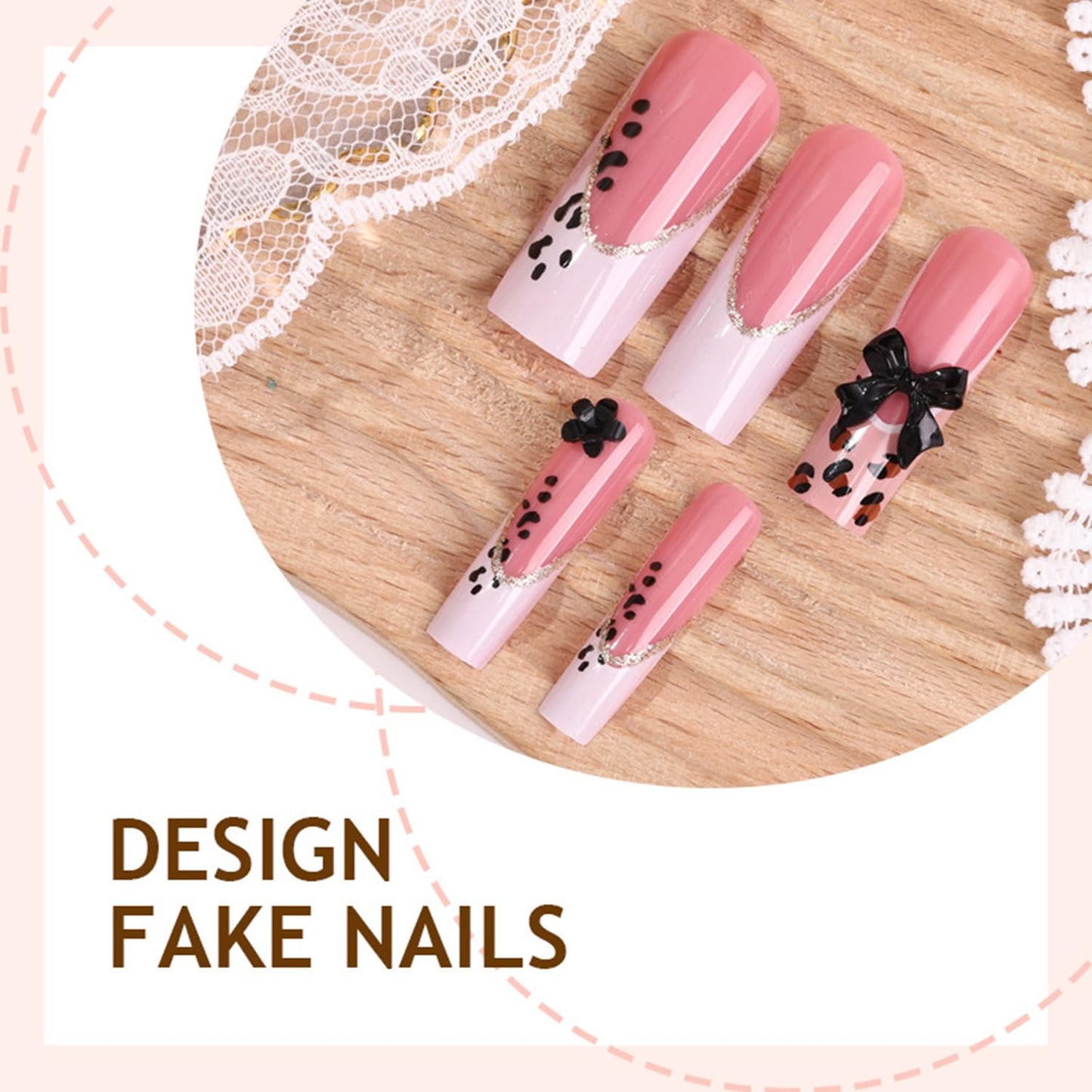 Vopintpy Leopard Print French Tip Press on Nails Long Square Fake Nails with Design 3D Black Bow Acrylic Glue on Nail Reusable Full Cover Artificial Stick on Nail for Women DIY Manicure
