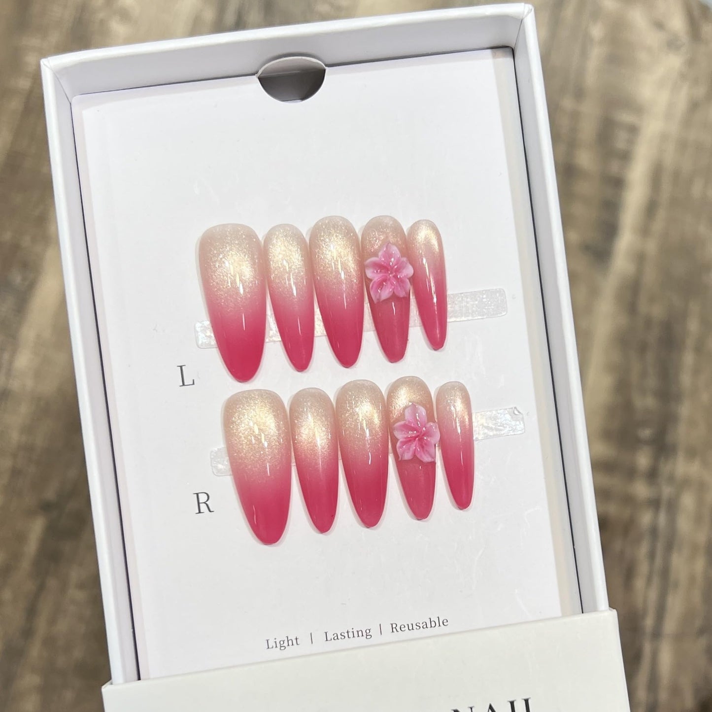 Romantic Pink Ombre Press On Nails, 3D Floral Embellished Long Almond Fake Nails, Reusable Manicure Set (L)
