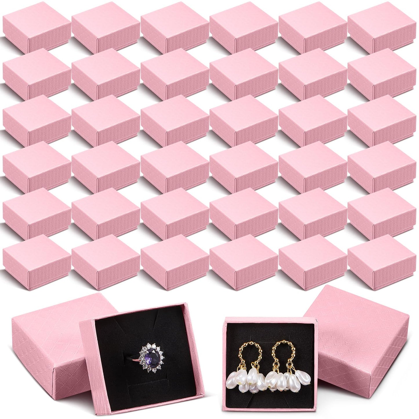 Landical 100 Pcs Jewelry Ring Gift Box 2'' x 2'' x 1'' Small Cardboard Earring Ring Gift Box with Velvet and Sponge Liner Pendant Case Bulk for Necklace Bracelet Earring Display Wedding (Pink)