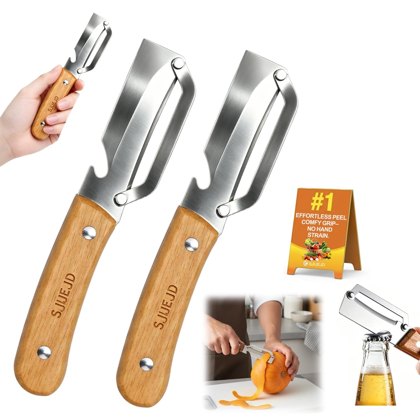 Multifunctional Vegetable Peeler for Kitchen Tool Wooden Smooth Handle and Bottle Opener, Made of Stainless Steel 2 in 1 Potato Garlic Cucumber Orange Pumpkin Fruit (Sliced Style(2PCS))