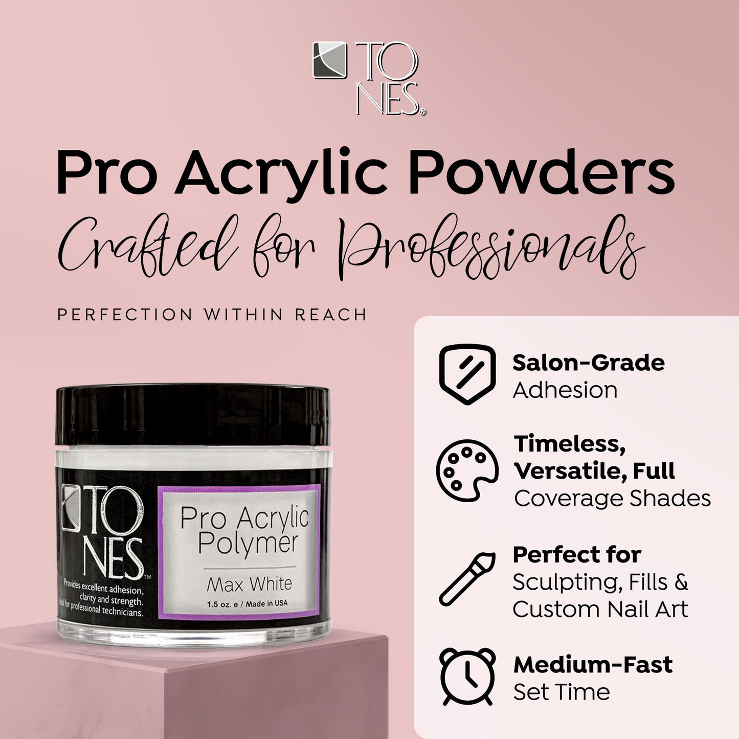 Tones Pro Acrylic Nail Powder, Max White (Creamy, Soft Off-White), (3.5 Fl Oz) - Long-Lasting & Non-Yellowing Polymer for Salon Quality Nail Extensions & 3D Art