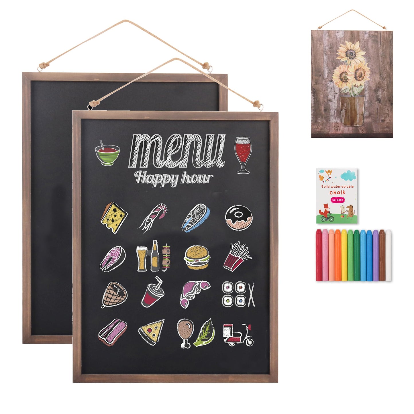 SELEAD 2-Pack Solid Wood Frame Chalkboard Signs with Dustless Chalk - 12"x16" Small Wall Hanging Chalk Board, Double-sided Message Menu Board + Rustic Sunflower Art Decor for Business, Home, Farmhouse