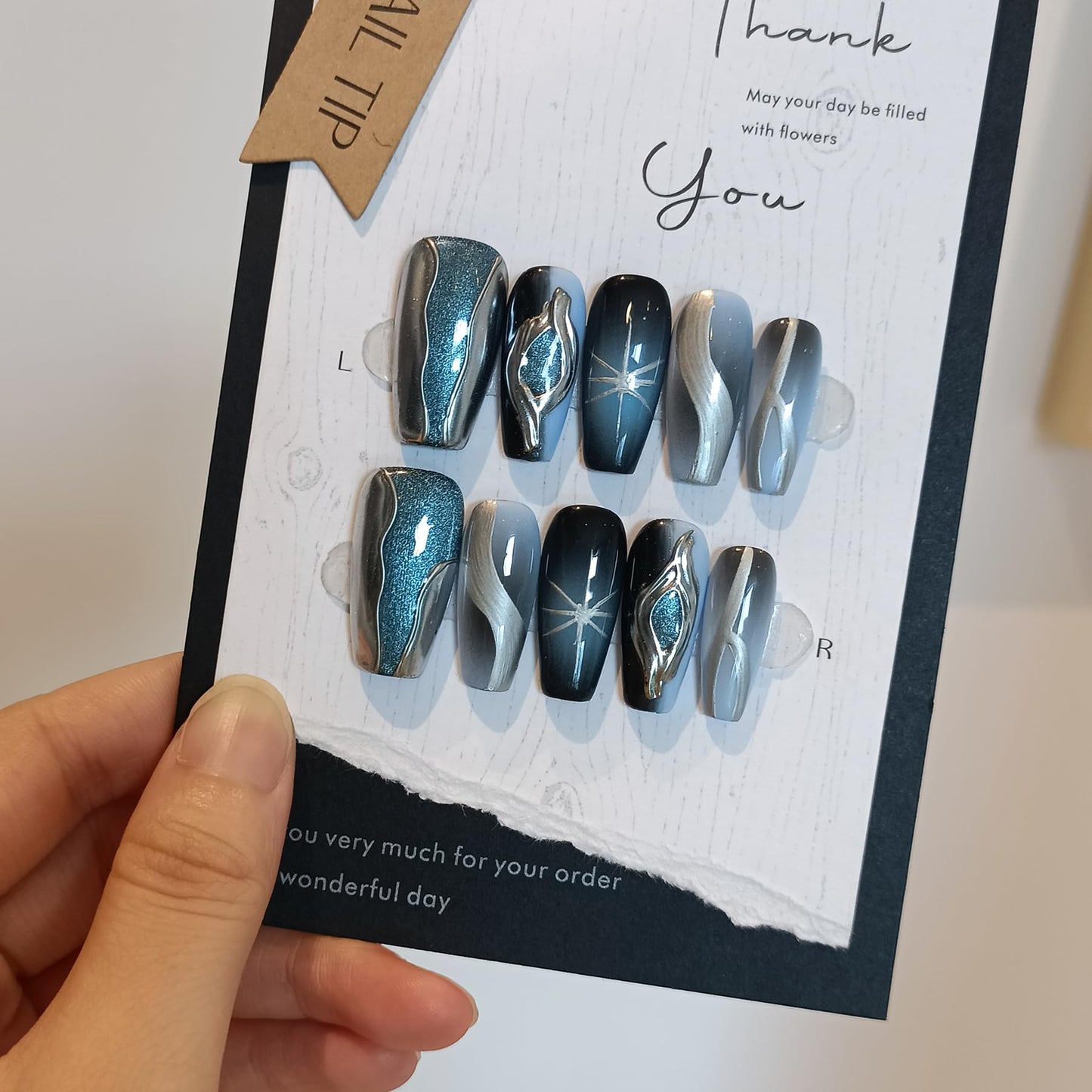 TENPAL Handmade Press On Nails With Tools,Black Blue Ombre 3D Cat Eye Coffin Fake Nails for Women,Glossy Metallic Airbrush Galaxy Designs Glue on Nails,Chrome Relief Punk Acrylic Nails 10pcs(S)