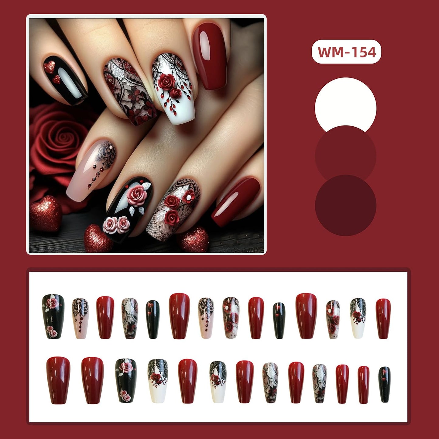 CJDLTS Press on Nails Medium Length Red Rose Flower False Nails Black Lace Pattern Design Full Cover Heart Press Nails Artificial Ballet Shaped Stick on Nails Glossy Acrylic Glue on Nails for Women