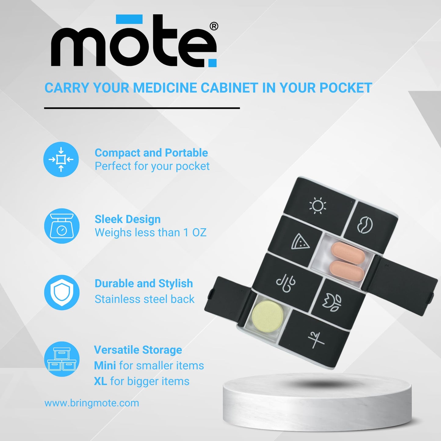Mote Wallet Credit Card Size Pillbox Carry Medications, Pills 7 Day Weekly Organizer Pill case, Mini, Small Holder, Tiny, Travel, mote, Medicine(Mini Moonpie)